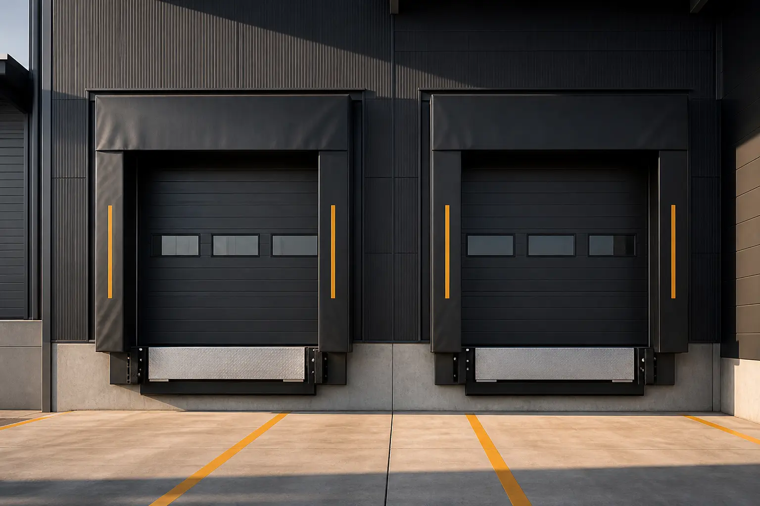 Two spotless loading dock bays with charcoal doors and amber guide lines